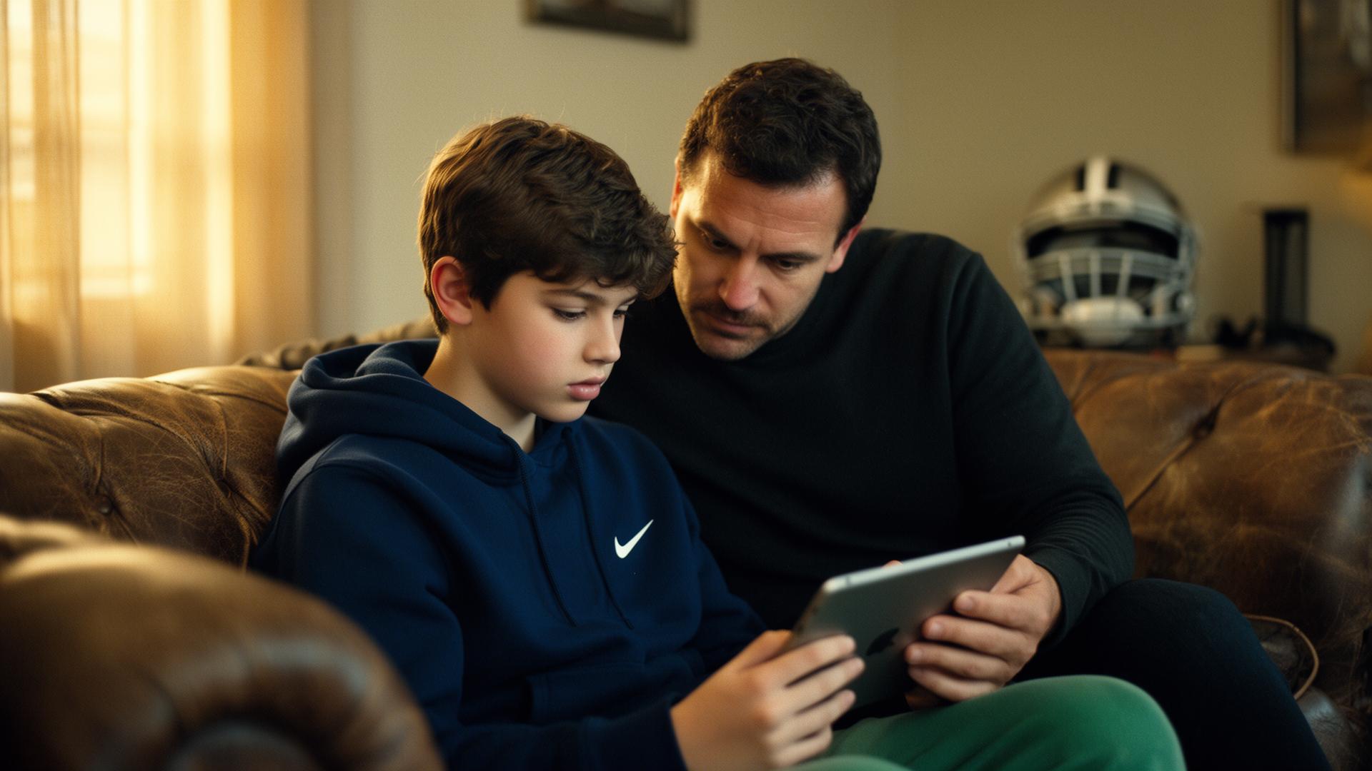 A father and son reviewing their football journey together on a tablet at home